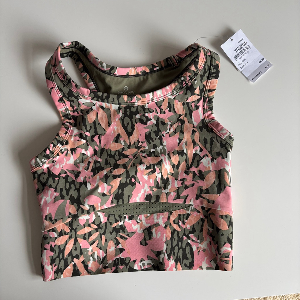NWT Women's Sweaty Betty Sports Bra XXS Pink Green Floral Texture Print